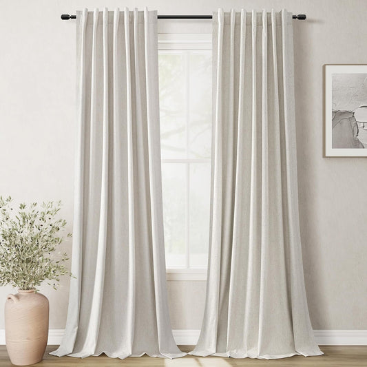 Natural Linen Blackout Curtains for Bedroom 84 Inch Length 2 Panels Set Room Darkening Curtains Cream Beige Black Out Curtain Neutral Thermal Insulated Living Room Nursery Drapes Back Tab 52x84