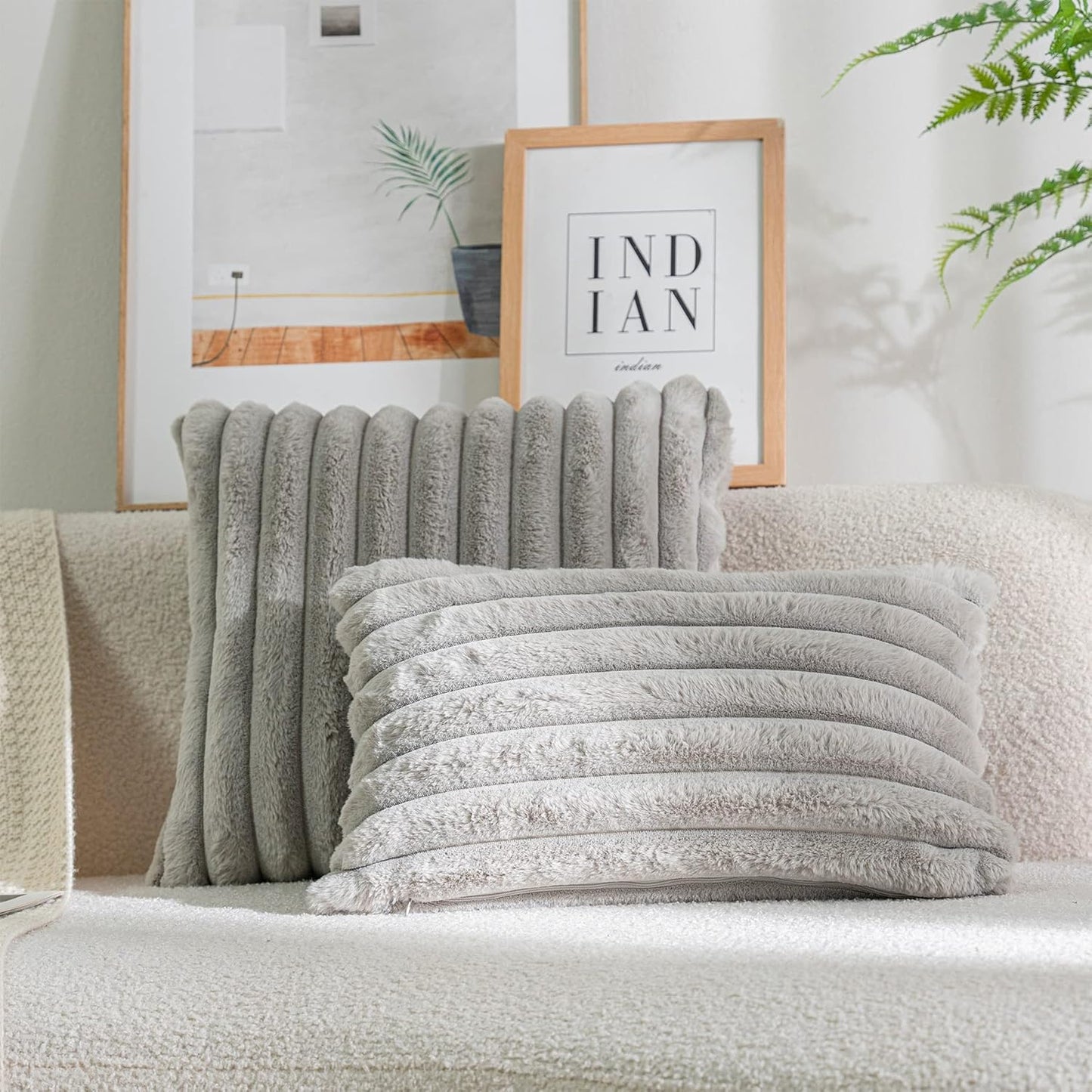 DEELAND Pack of 2,Double-Sided Faux Fur Plush Decorative Throw Pillow Covers Fuzzy Striped Soft Pillowcase Cushion Covers for Sofa Couch Bedroom Lightgrey 12x20 inch
