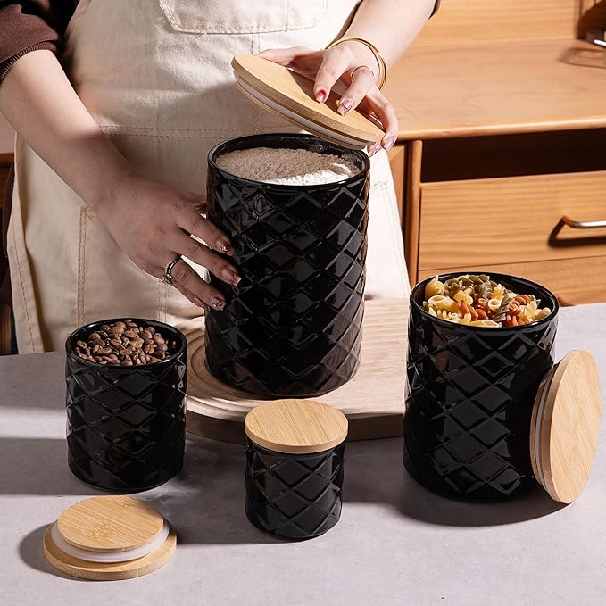 Sweejar Ceramic Canisters Sets for Kitchen Countertop, Relief Food Storage Jar with Bamboo Lid, Stackable Container for Flour, Coffee, Pasta, Cereal, Tea, Cookies, Sugar, Spices, Pack of 4 (Black)