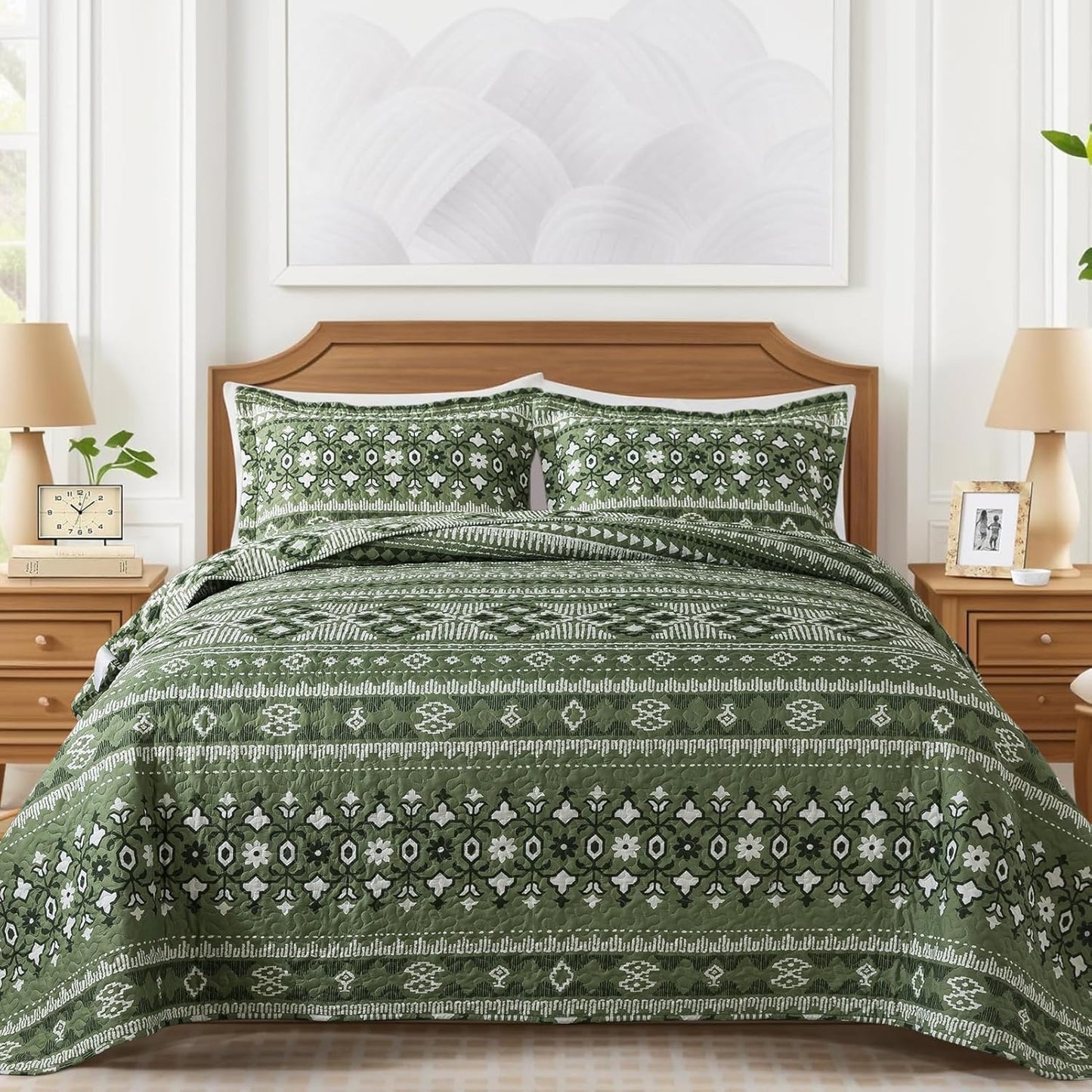 VAPUTAR Reversible Quilt Bedding Set - Queen Size (90 * 98 in) - All-Season Lightweight Coverlet with Boho Stripe Pattern, Boho Bedspread Sets, 3 Pieces/Green
