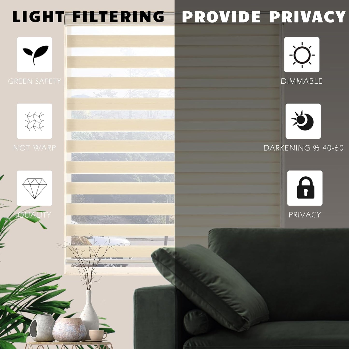 Zebra Blinds Window Blind Zebra Shade Blinds for Windows Roller Sheer Shades Privacy Light Filtering Shades for Home Kitchen Bathroom (Width 47'' X Height 72'' Cream)