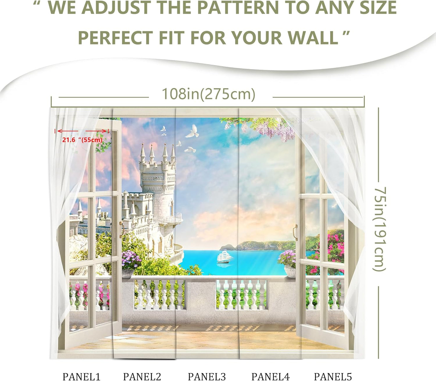 Window Seascape Wall Mural Wallpaper for Bedroom Living Room Bathroom (Not Peel n' Stick)