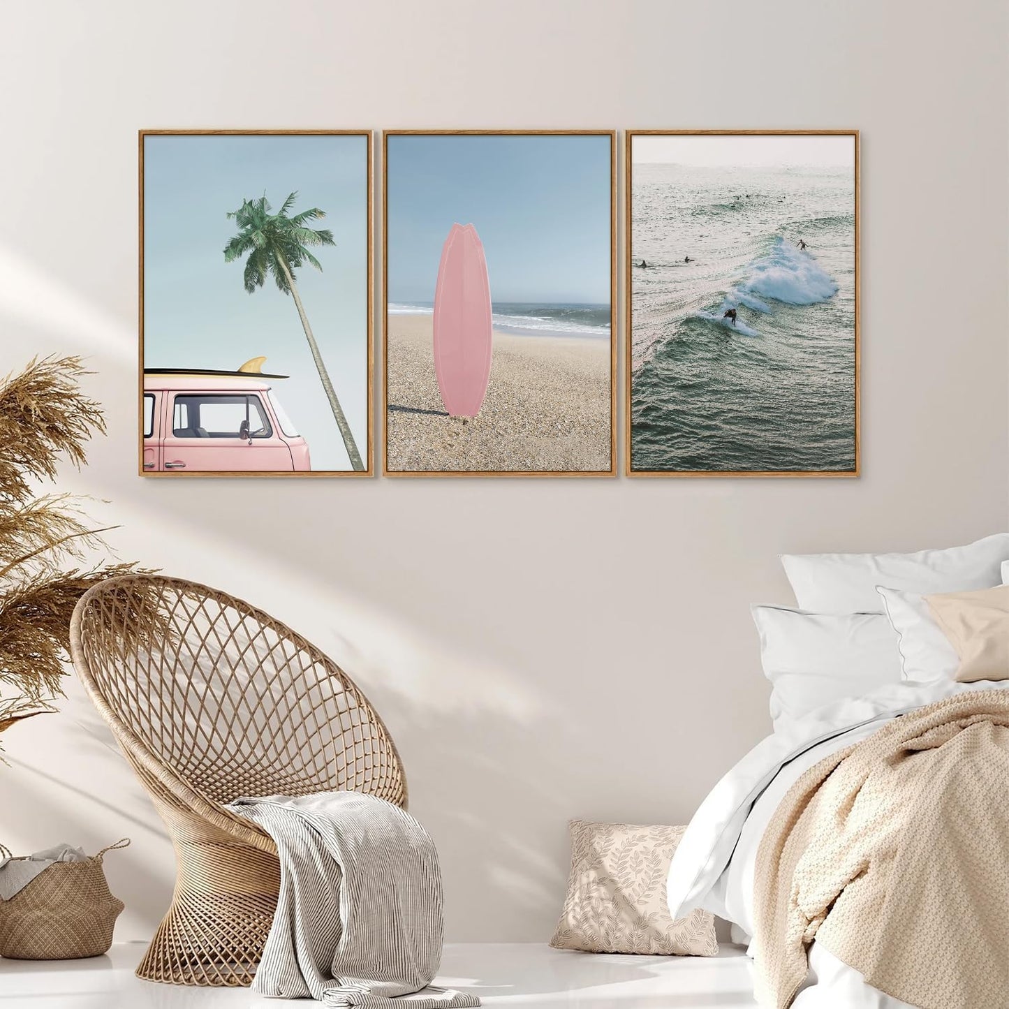 Tinonedraw Large Ocean Beach Framed Canvas Wall Art, Summer Coastal Surfboard Wall Decor, Palm Tree Pink Car Artwork, Modern Surfing Seascape Art Prints for Living Room Bedroom Office 16"x24"x3