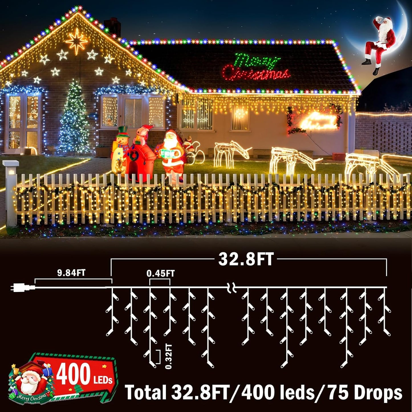 KNONEW Christmas Lights Outdoor Color Changing 400 LED 33ft 11 Modes Curtain Fairy String Light with 75 Drops, Clear Wire LED Lights for Wedding Party Holiday Christmas (Warm White to Multicolor)