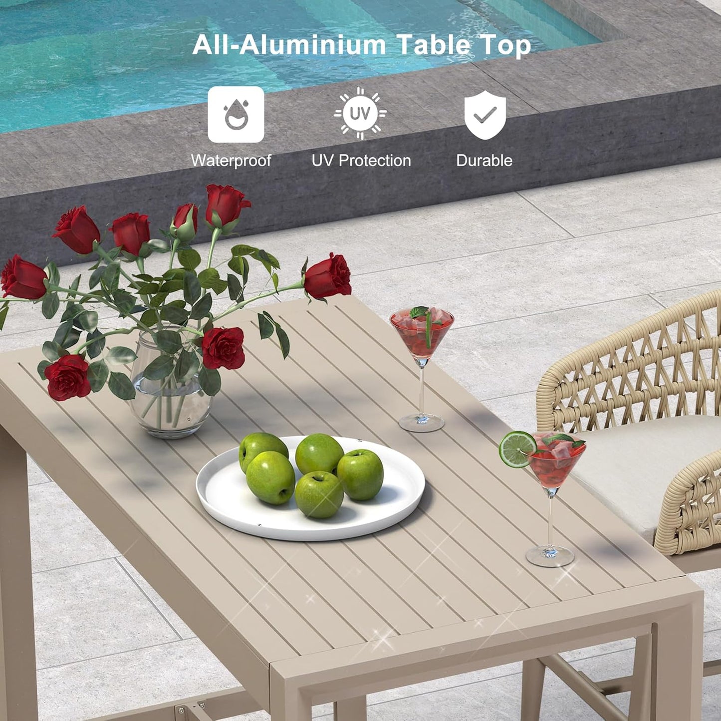 PURPLE LEAF 43.1'' Rectangle Outdoor Patio Bar Height Pub Table, Outside Aluminum Tall Kitchen Bar Table with Sturdy Legs for Bar Stool, Indoor and Outdoor, Garden, Champagne