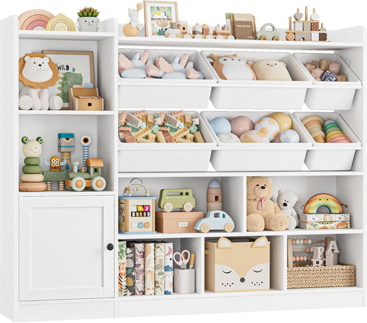 Toy Storage Organizer, 55” Wide Toy Organizers and Storage with 8 Storage Cubbies & 6 Toy Bins, Large Toy Box with Bookshelf, Playroom Storage for Playroom, White