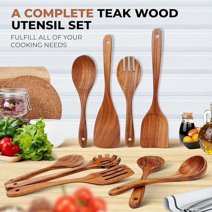 SPATUAMZ Wooden Kitchen Utensils Set, Smooth Finished Wooden Spoons for Cooking, Natural Teak Cooking Utensils Set of 9 for Nonstick Pans and Cookware