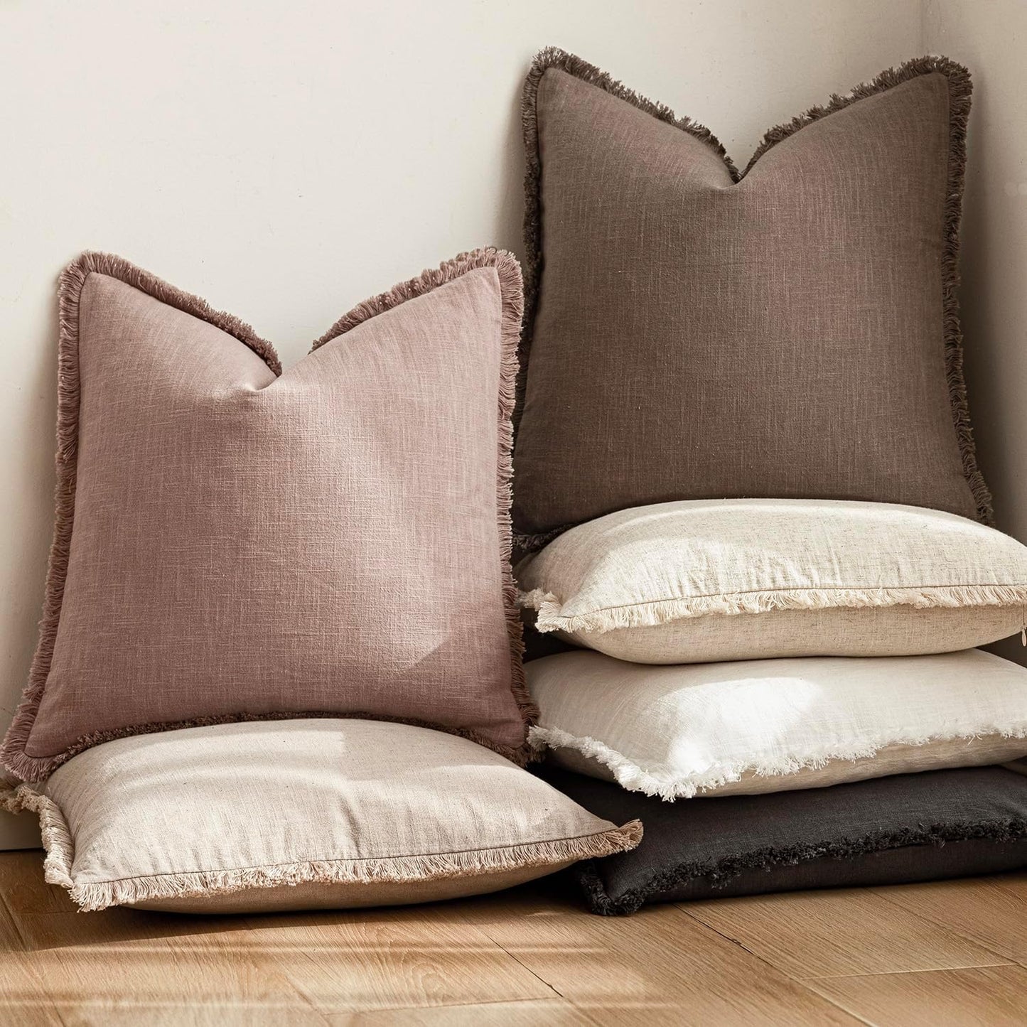 Foindtower Set of 2 Decorative Linen Fringe Throw Pillow Covers Boho Farmhouse Cushion Cover with Tassels Soft Accent Pillowcase for Couch Sofa Bed Living Room Home Decor,20×20 Inch,Dusty Pink