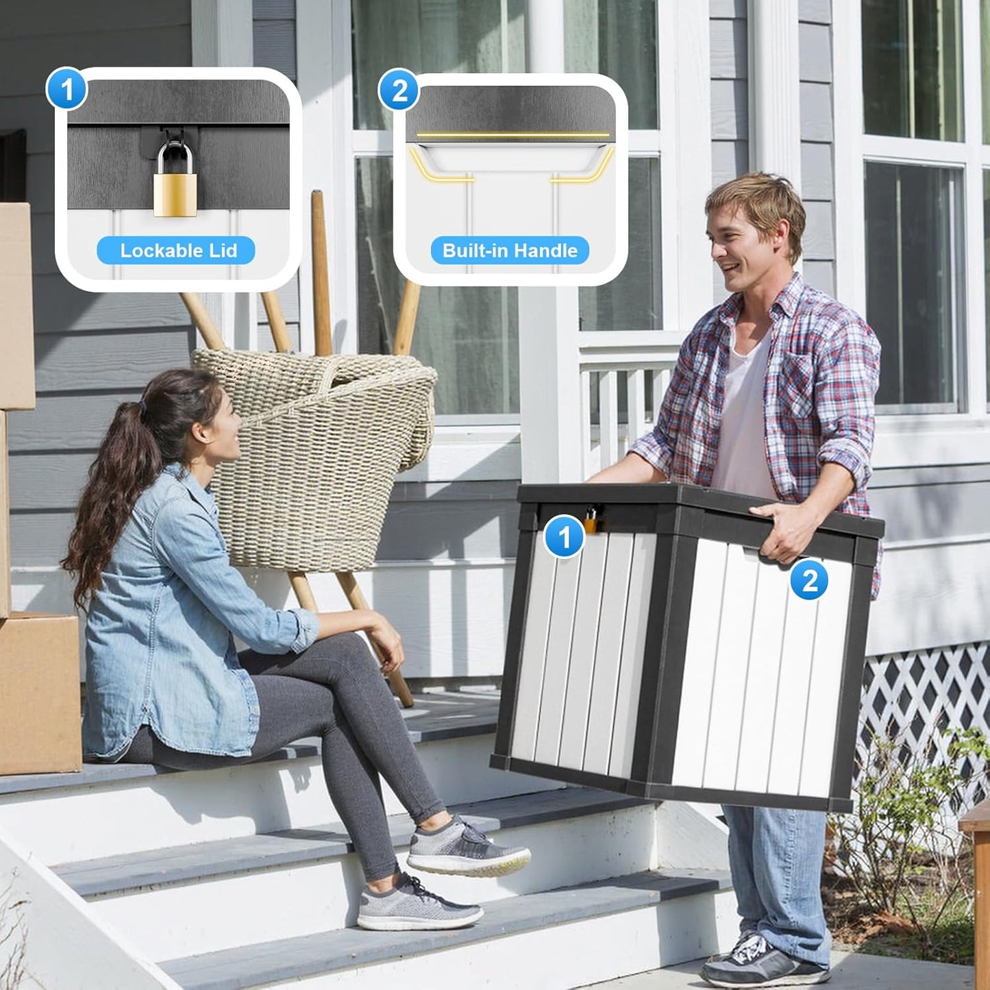 Vixzen 50 Gallon Resin Deck Box, Lockable Outdoor Storage Box for Patio Cushions Storage Furniture,Garden Tools, Pool Supplies, Weatherproof and UV Resistant- Black and White