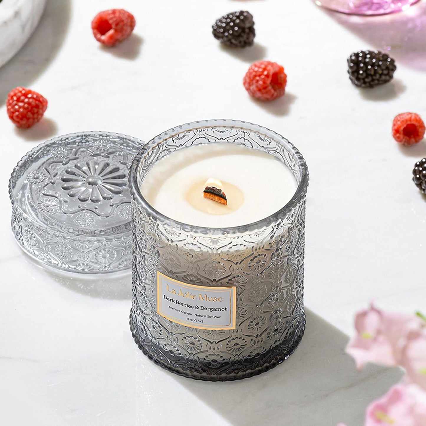 LA JOLIE MUSE Dark Berries & Bergamot Candle - Berries, Grape, Caramel | 19 oz Large Wooden Wick Candle | Natural Soy Wax | 90 Hours Clean Burn | Gift-Ready for Hosts & Gatherings | Elegant Home Décor