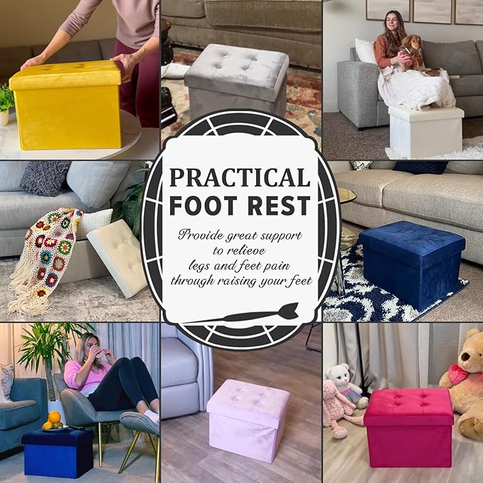 LINMAGCO Storage Ottoman Folding Foot Stool Velvet Foot Rest with Padded Modern Ottoman with Storage for Living Room Puppy Step Stool 17x13x13in(Blue)