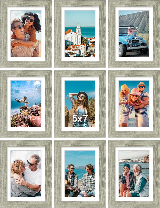 Vittanly 5x7 Picture Frames Set of 9, Shatter Resistant Plexiglass, Display 4x6 Pictures with Mat or 5x7 without Mat, Photo Frames for Wall or Tabletop, Engineered Wood, Driftwood