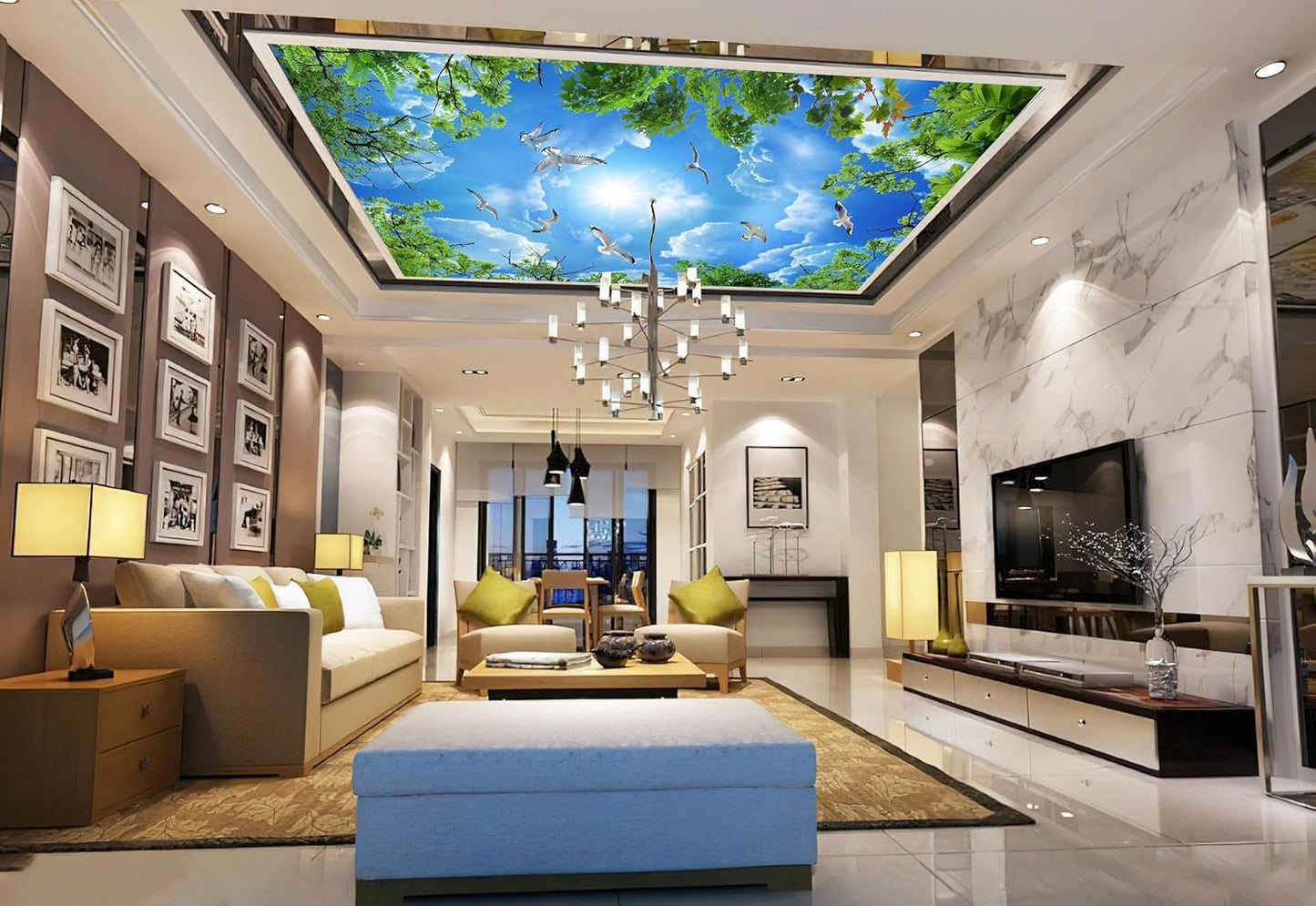 Sky Seagull Green Tree Ceiling 3D Wall Mural Wallpaper 137" x 100"