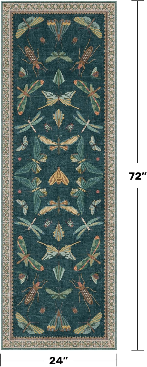 Brown and Green Kitchen Sink Runner Rug 2x6 - Teal Boho Bathroom Rugs for Entrance Indoor, Insect Print Floral Vintage, Washable Non Skid Stain Resistant