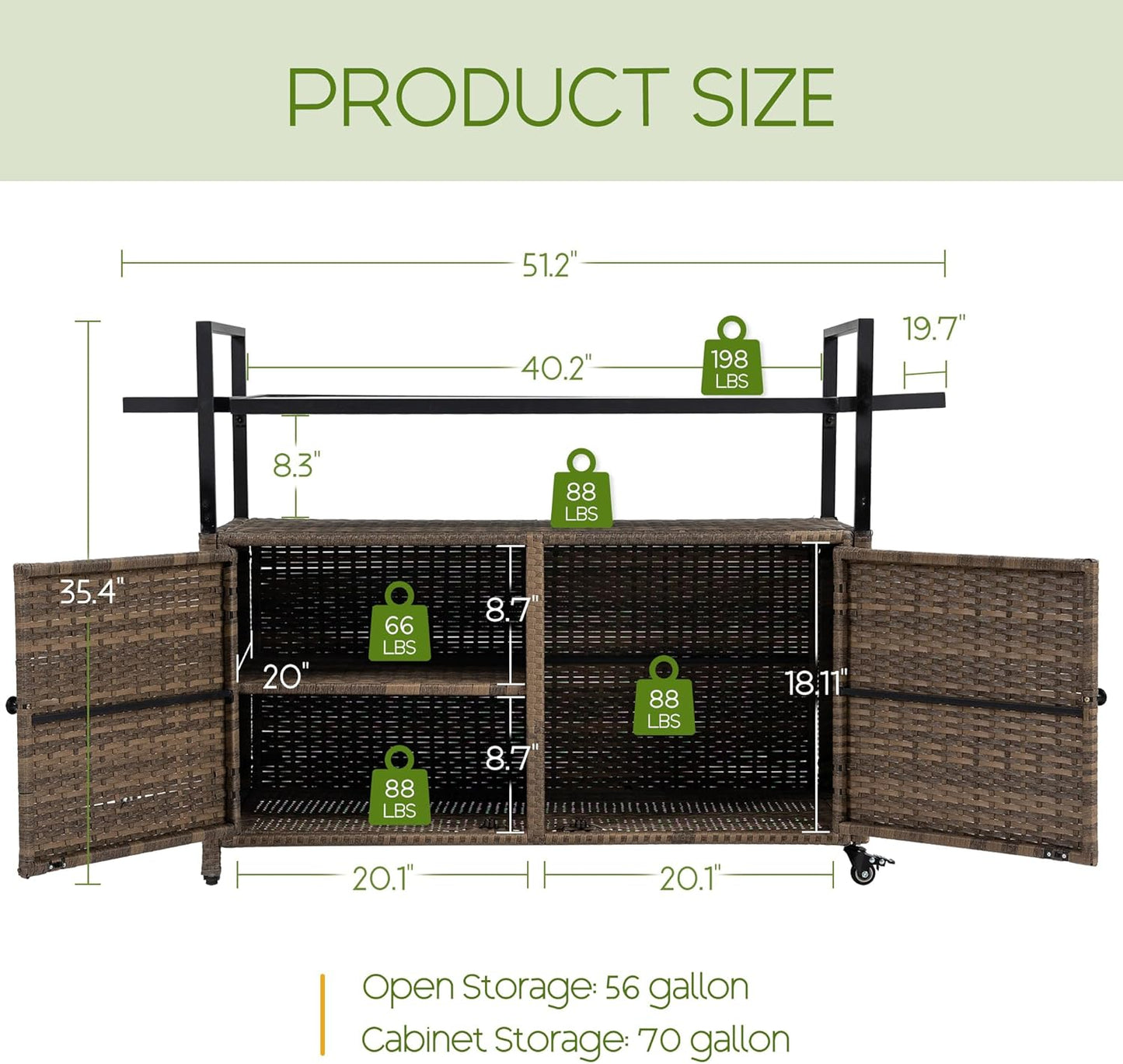 Wicker Outdoor Bar Cart - Brown Patio Console Storage Table Buffet Cabinet Serving Kitchen Cart with Wheels for Outside Backyard