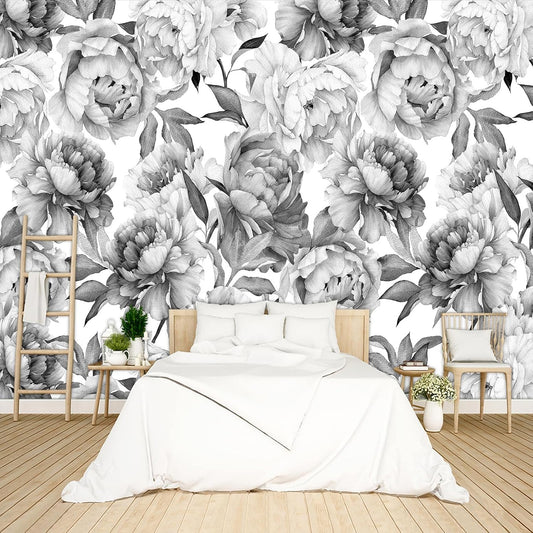 Grey Peony Floral Wallpaper Peel and Stick Wall Mural for Bedroom Living Room - 85"x118"