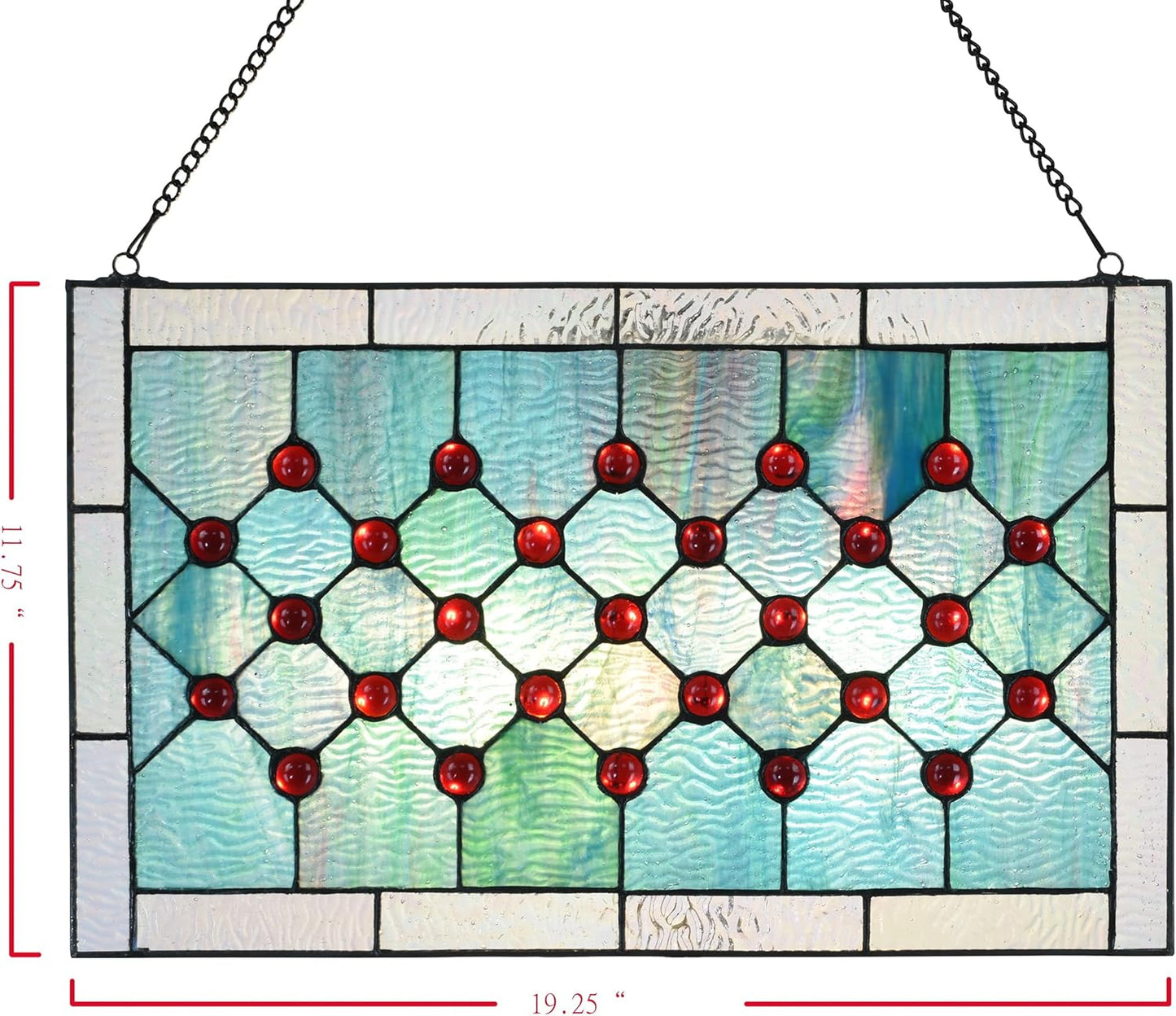 Tiffany Stained Glass 19.25" x 11.75" Window Panel, 100% Genuine Stained Glass and Cabochon, Handcrafted 73 Pieces, 9.25 by 11.75-inch, Hanging chain included, Blue/Green.