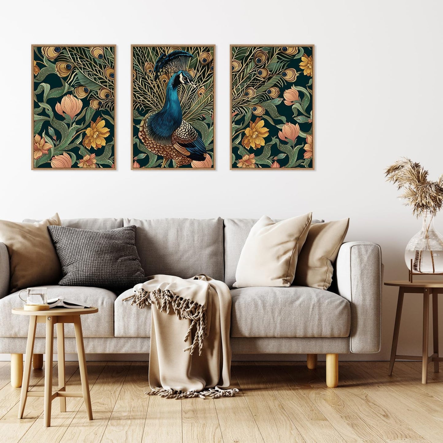 HLNIUC Peacock Framed Canvas Wall Art,Large Peacock Flower Wall Decor Set of 3(16”x24”)Modern Elegance Peacocks Floral Framed Painting,Vintage Beautiful Animal Feather Art Print for Living Room,Office