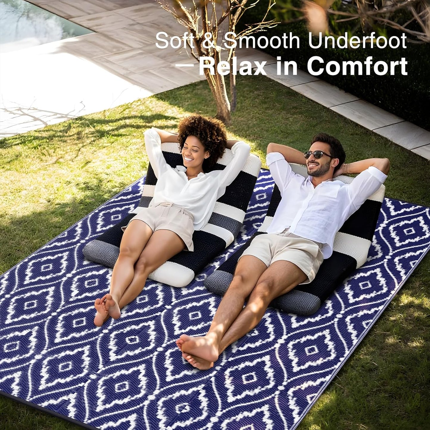 OLANLY Outdoor Rug 6x9 ft Waterproof, Outdoor Plastic Straw Rug with Geometric Pattern Clearance, Reversible RV Mat for Patio, Camping, Balcony, Deck, Backyard, Navy & White