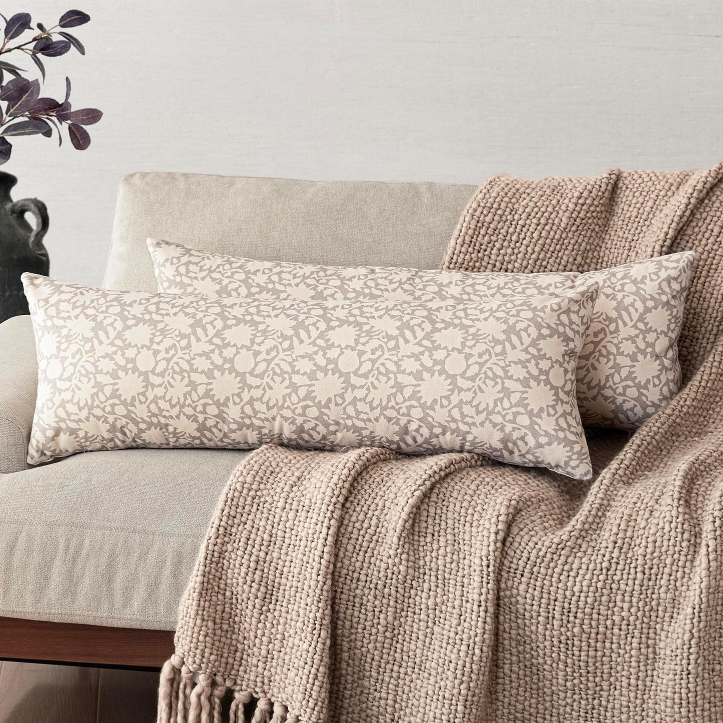Foindtower Set of 2 Decorative Long Body Lumbar Throw Pillow Covers Accent Farmhouse Cushion Covers Boho Floral Pillowcase for Couch Sofa Bedroom Living Room Home Decor Outdoor,14×36 Inch,Ivory Beige