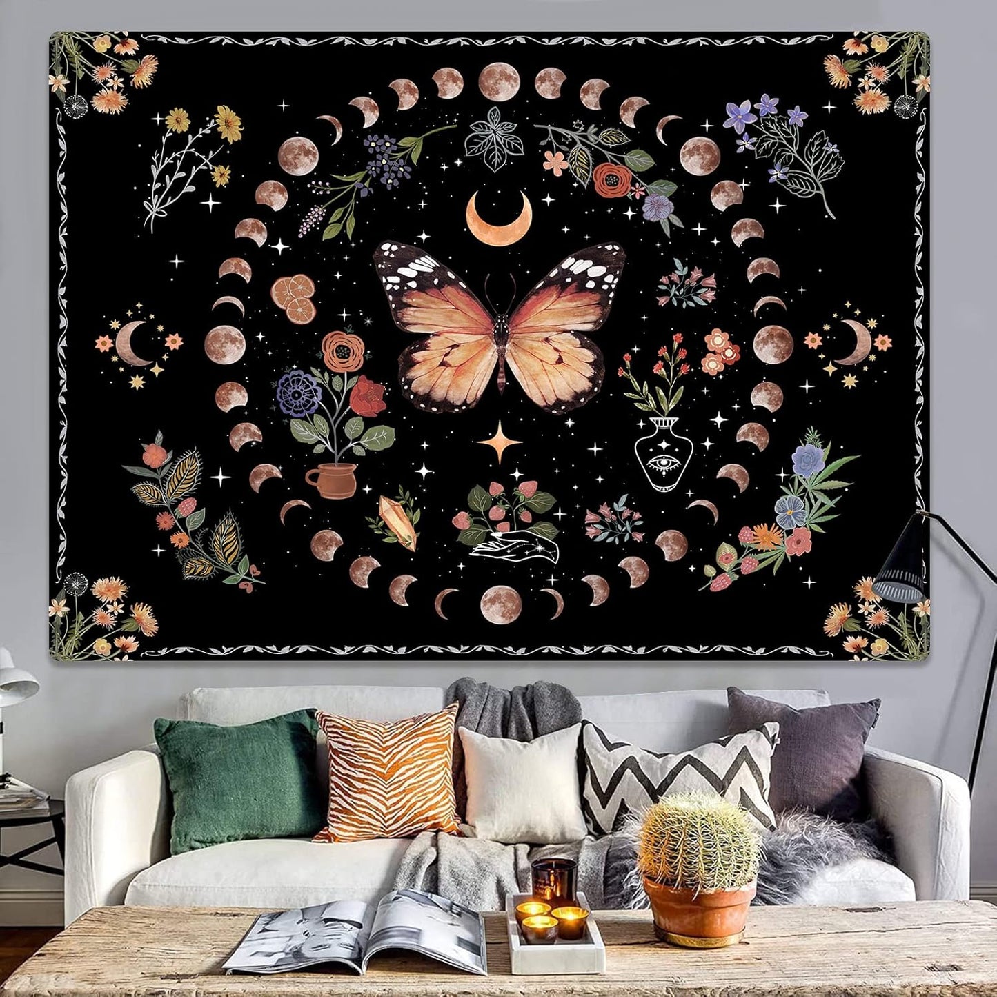 Fowocu Orange Butterfly Moon Flower Tapestry Boho Floral Plant Tapestries for Bedroom Aesthetic Tapastry's Wall Hanging Mandala Botanical Wall Tapestry for Living Room Dorm (Yellow, 48'' × 36'')