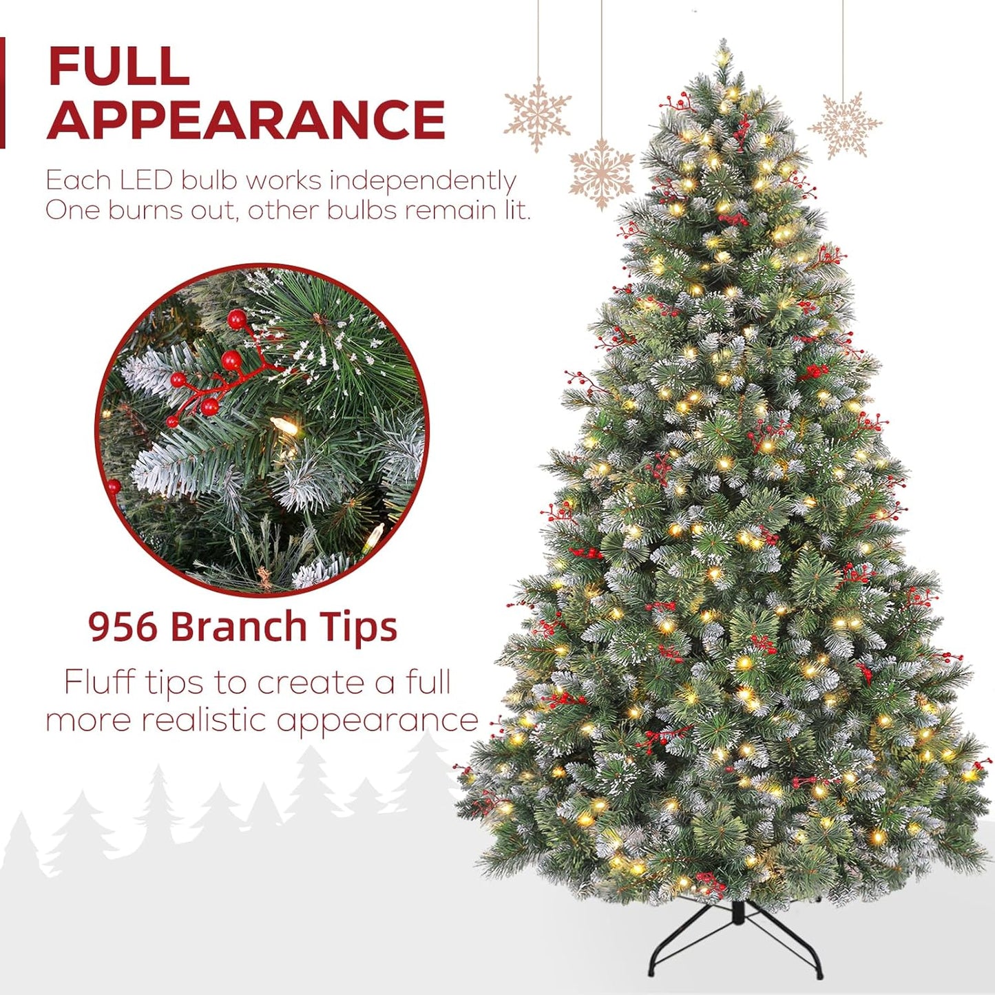 Hykolity 6 ft Prelit Artificial Christmas Tree, Frosted Christmas Tree with 250 Warm White Lights, 956 PVC Branch Tips, Metal Stand and Hinged Branches
