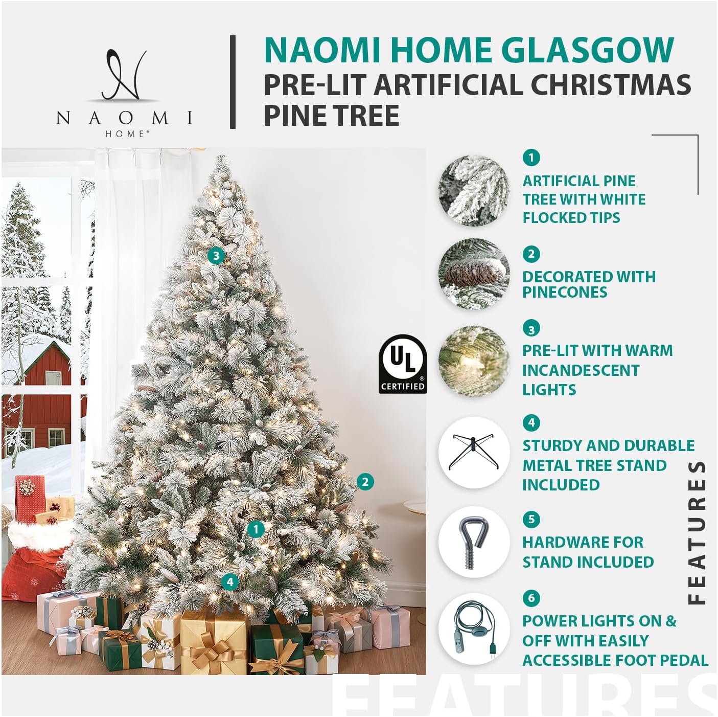 Naomi Home 6.5ft Christmas Tree with Lights, Realistic Prelit with Hinged Design with Foot Pedal, 2041 Branch Tips, 400 Warm Lights and Metal Stand, Aritificial Tree