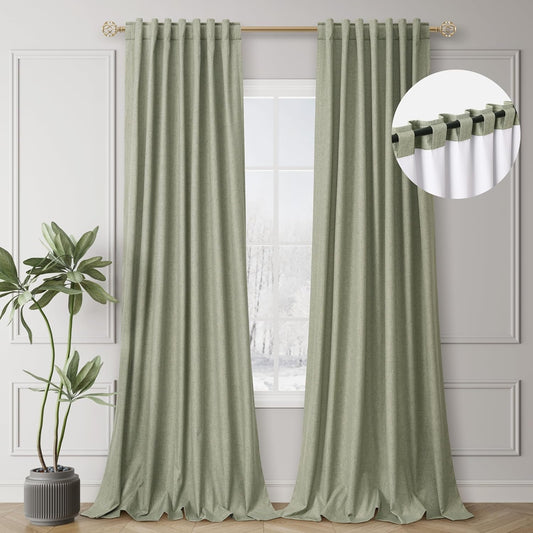 BOODII Sage Green Blackout Curtains for Bedroom 90 Inch Length Off White Black Out Drapes Modern Aesthetic Decorative Curtains for Nursery Boy Thermal Insulated Noise Reducing Linen Textured Curtain