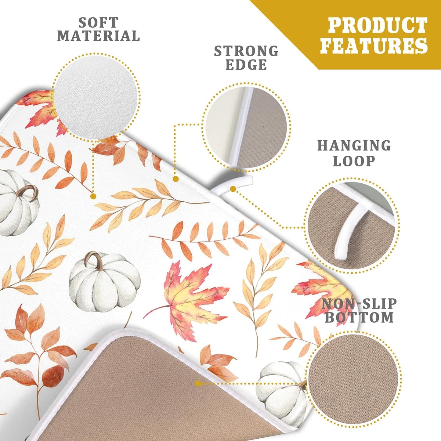 Fall Dish Drying Mat for Kitchen Counter Autumn White Pumpkins Maple Leaves Seasonal Super Absorbent Reversible Microfiber Kitchen Countertop Protector Dishes Pad Small 16x18 inch