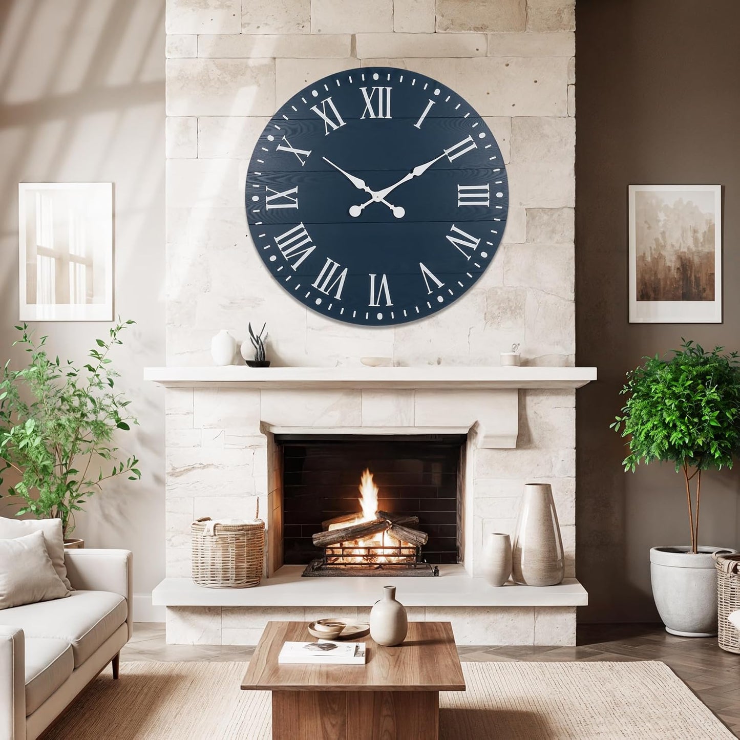 Large Wall Clock with Roman Numeral, 35” Shiplap Wall Clock Farmhouse Nearly Non-Ticking, Round Clock for Living Room Decor, Office, Bedroom, Entrance, Blue