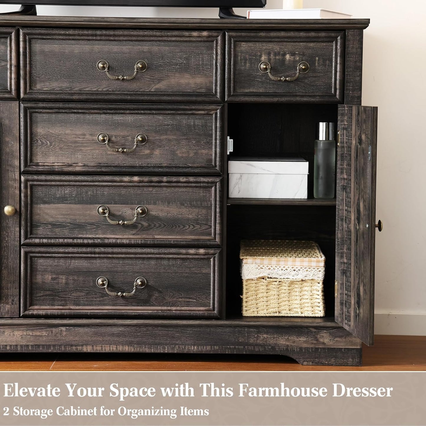 EnHomee Dresser for Bedroom with 6 Drawer & 2 Doors Wood Dressers & Chests of Drawers Farmhouse TV Stand,Entryway,Dark Rustic Oak