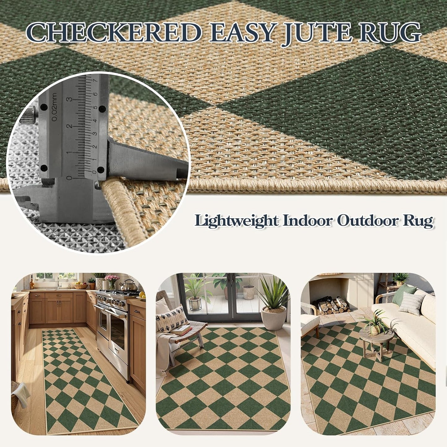 Lahome Checkered Washable Rugs 8x10, Easy Jute Rug for Living Room Patio, Farmhouse Neutral Indoor Outdoor Carpet Non Slip Non Shedding Floor Carpet for Office Deck Backyard