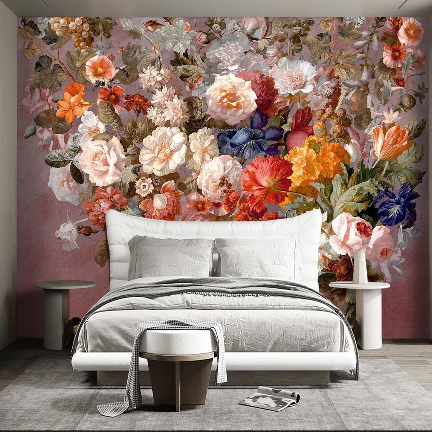 Colorful Floral Leaf Bathroom wallpeper Living Room Bedroom Pink Flower Wall Mural - 137"x96" (Not Peel and Stick)