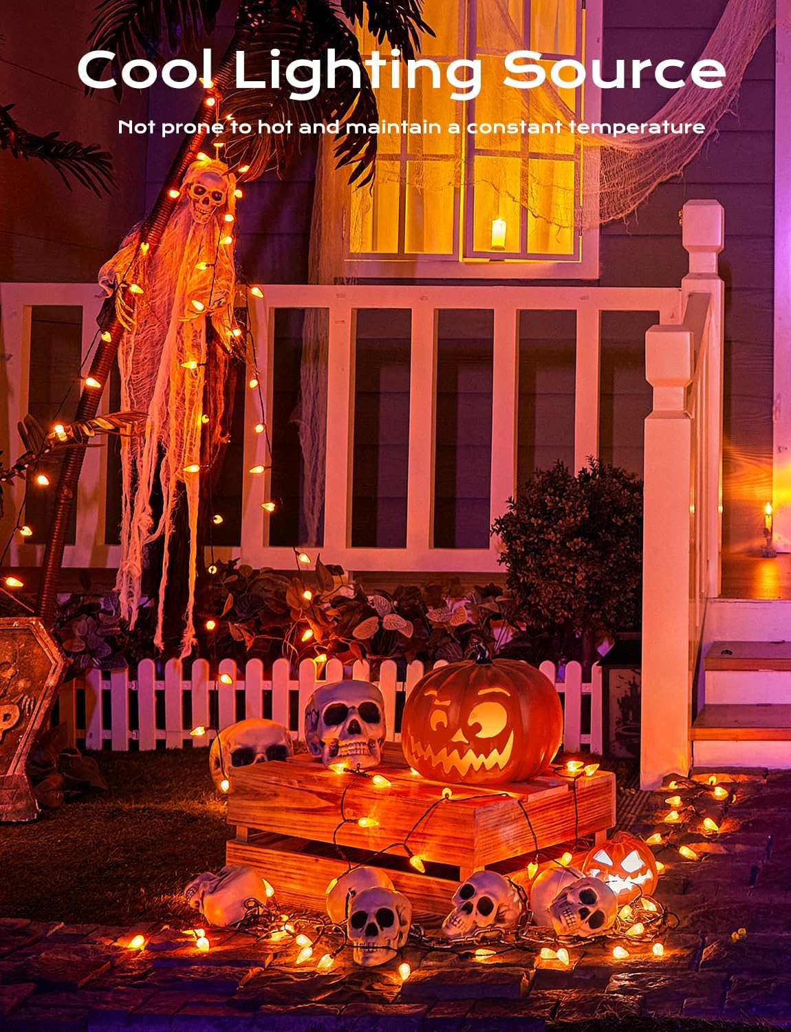 Brightown Solar Operated C6 Halloween Outdoor Lights, 22.64ft 50 LEDs Orange Halloween Lights, Strawberry LED Fairy Lights, Solar Waterproof String Light for Tree, Garden Decor Outdoor Decorations