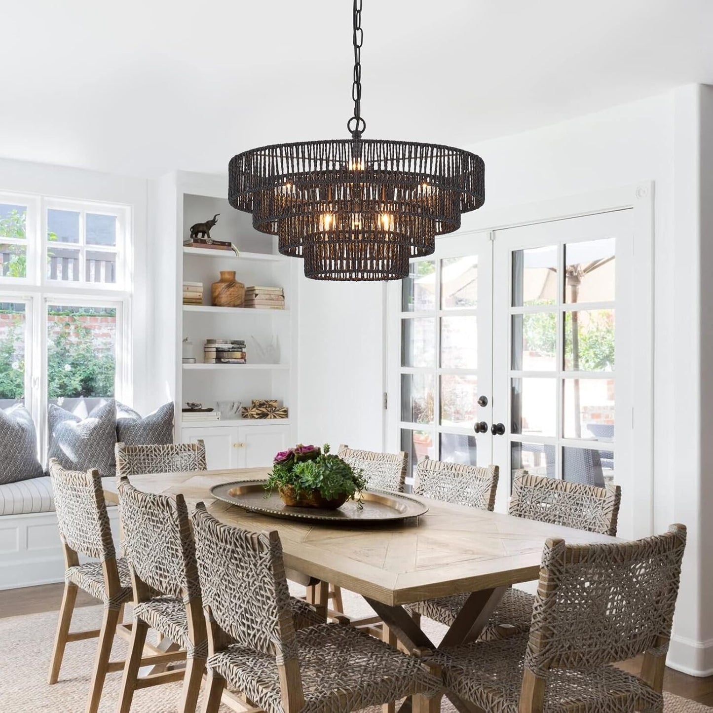 20” Hand-Woven Rattan Chandelier 6-Lights Transitional Minimalist 4 Round Boho Large Pendant Light for Kitchen Island Dining Room Living Room Hallway, Matte Black, UL Listed