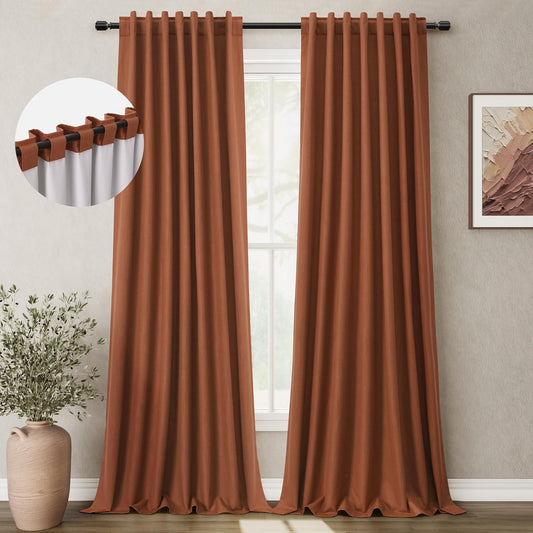 BOODII Terracotta Linen 100% Blackout Curtains 108 Inch Extra Long Room Darkening Light Blocking Thermal Insulated Window Drapes Back Tab for Living Dining Room Flax Linen Look Curtains Burnt Orange