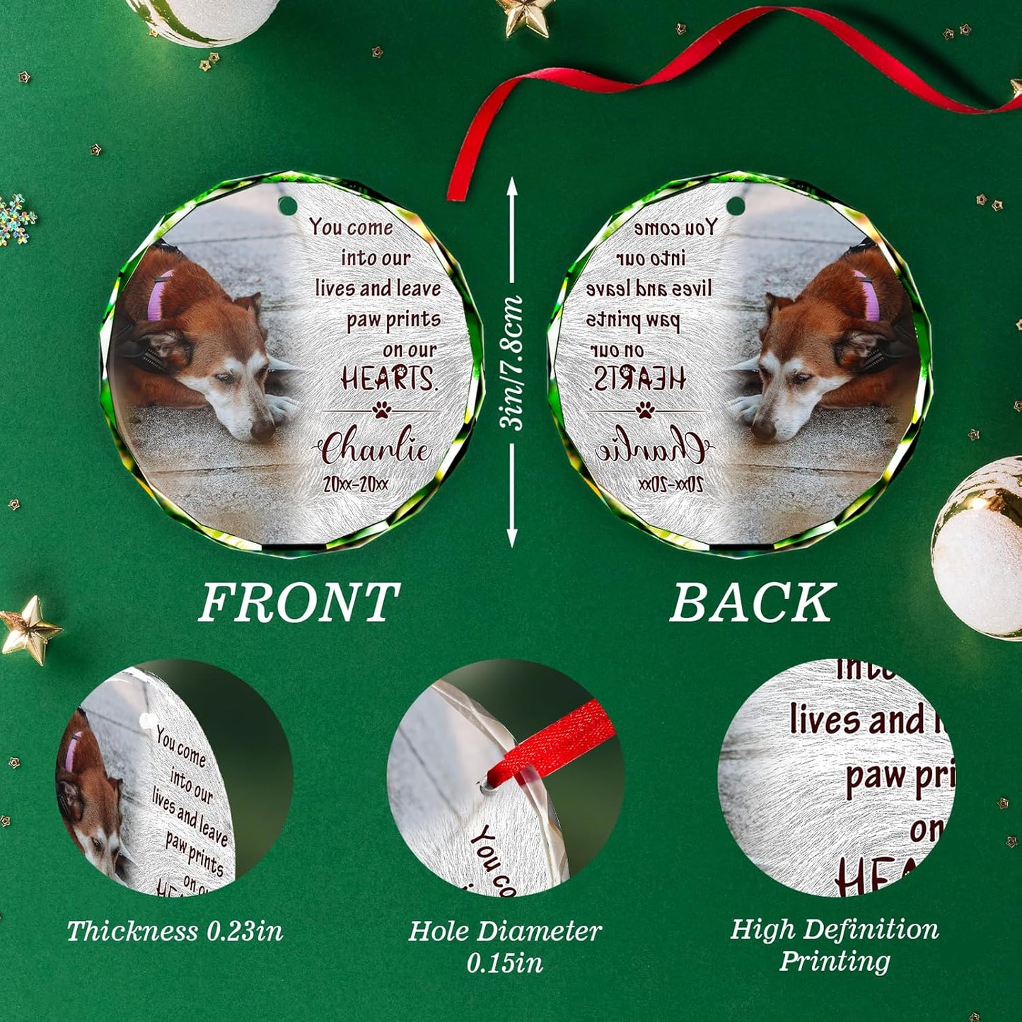 Personalized Memorial Pet Glass Ornament - Custom Picture Christmas Ornaments, Dog Forever in Our Hearts Hanging Ornament Xmas Tree Decor for Dog Lovers