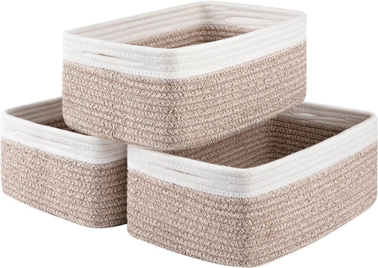 3 Pack Small Storage Baskets for Organizing, Cute Woven Decorative Gift Baskets for Shelves, Mini Closet Organizer Bins with Handles, 11.81''Lx7.87''Wx4.72''H-Brown and White
