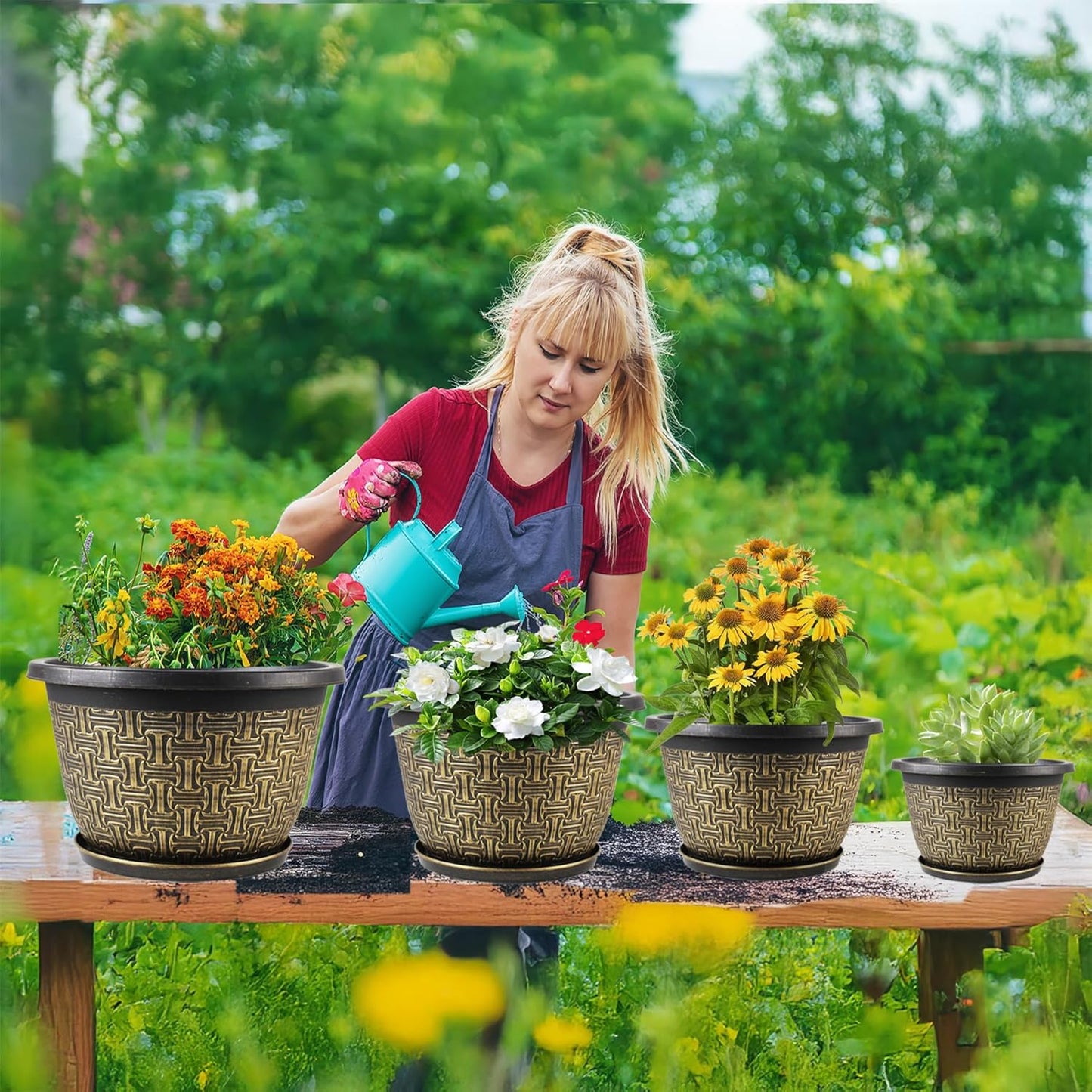 8 Inch Plant Pots, 4 Pack Flower Pot Outdoor with Drainage Holes & Trays, Retro Antique Imitation Decorative Garden Plastic Planters Pots for Plants Indoor Sets for Houseplants