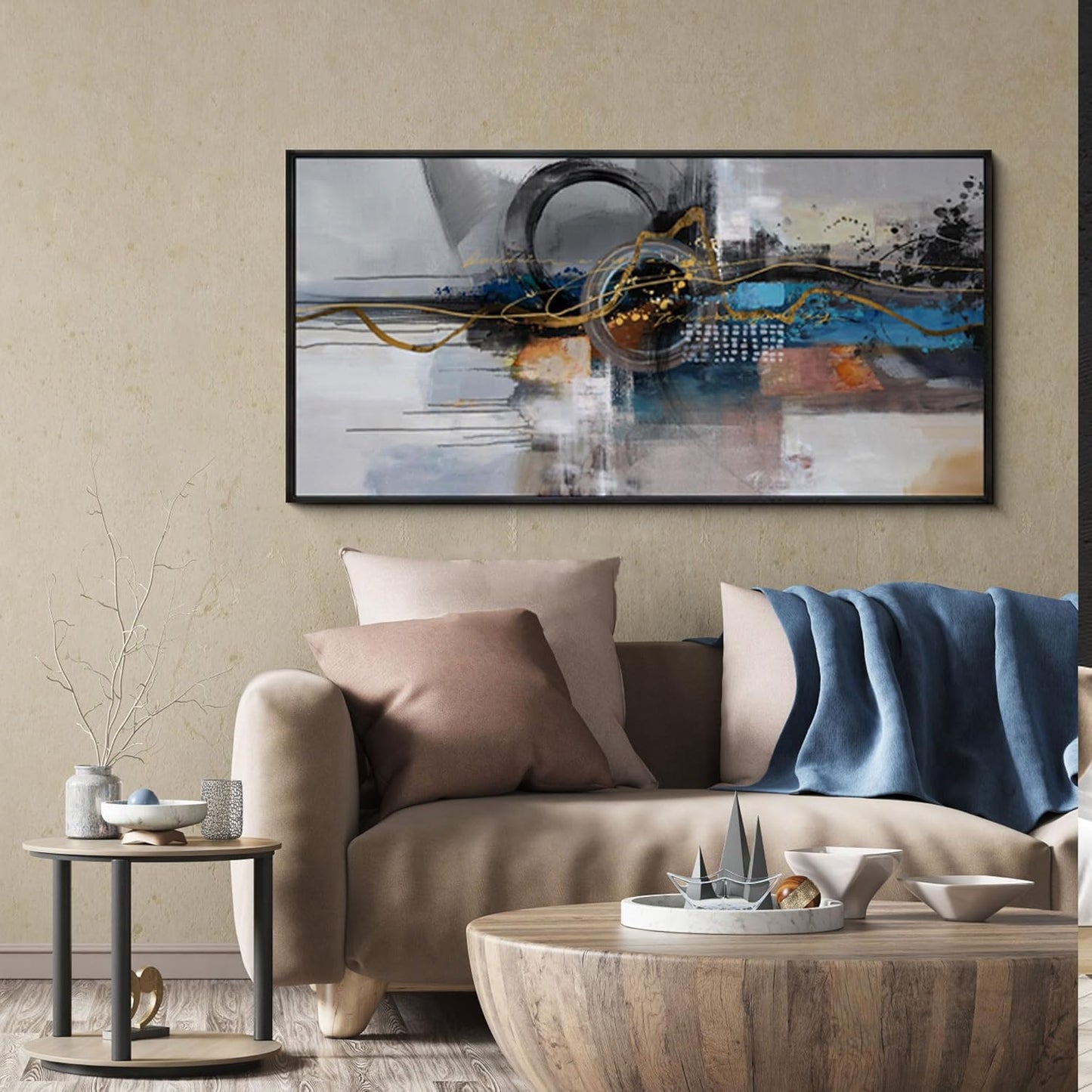 XLSJERST Large Abstract Frame Wall Art - Black and Blue Cnavas Framed Artwork for Walls Modern Minimalist Boho Gray Pictures Wall Decor for Living Room Bedroom Office Home Decoration 20x40 Inches