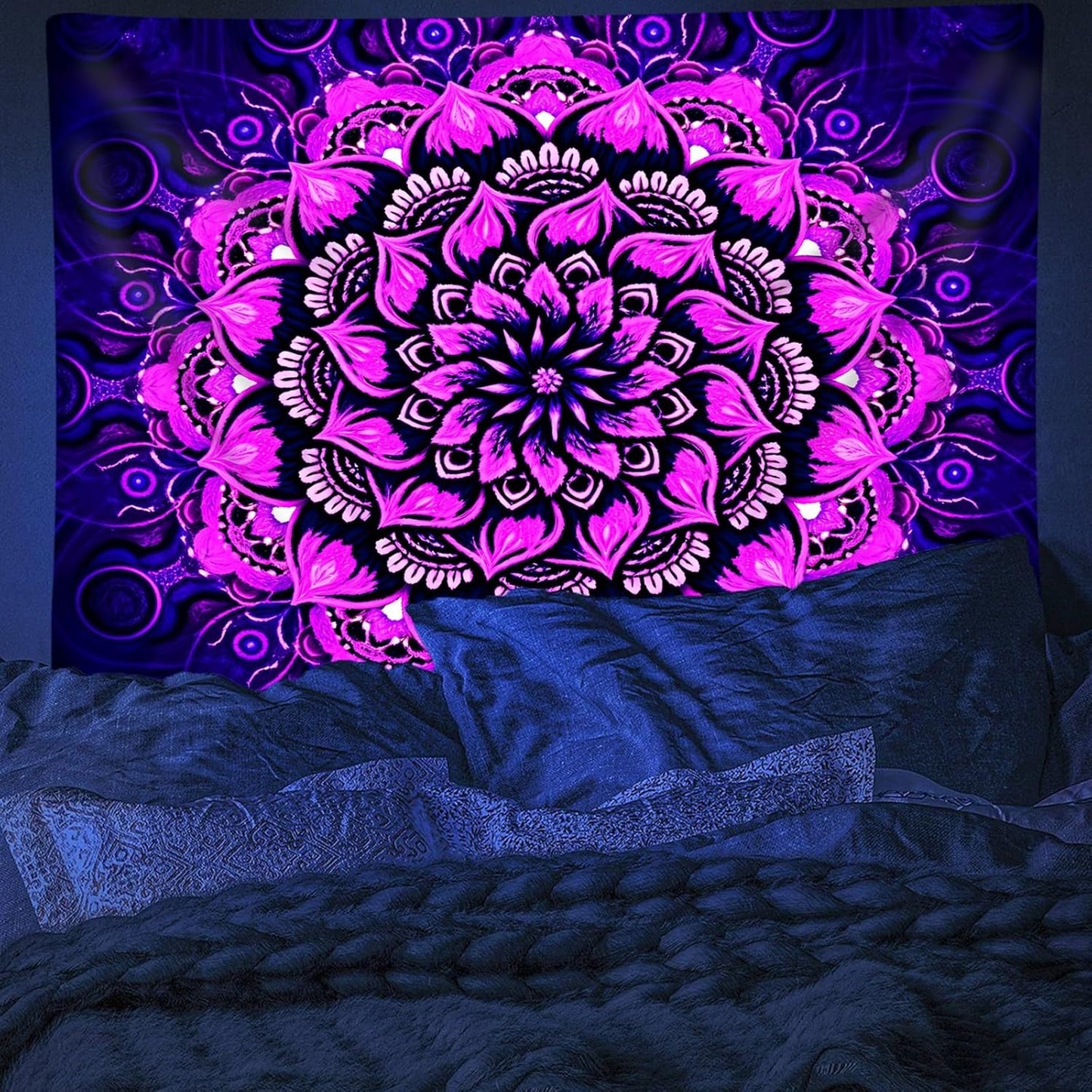 Psyhilar Blacklight Mandala Tapestry Wall Hanging, Psychedelic Flower Black Light Posters for Adults and Teens, UV Reactive Aesthetic Bohemian Art for Bedroom (90 x 70 Inches)