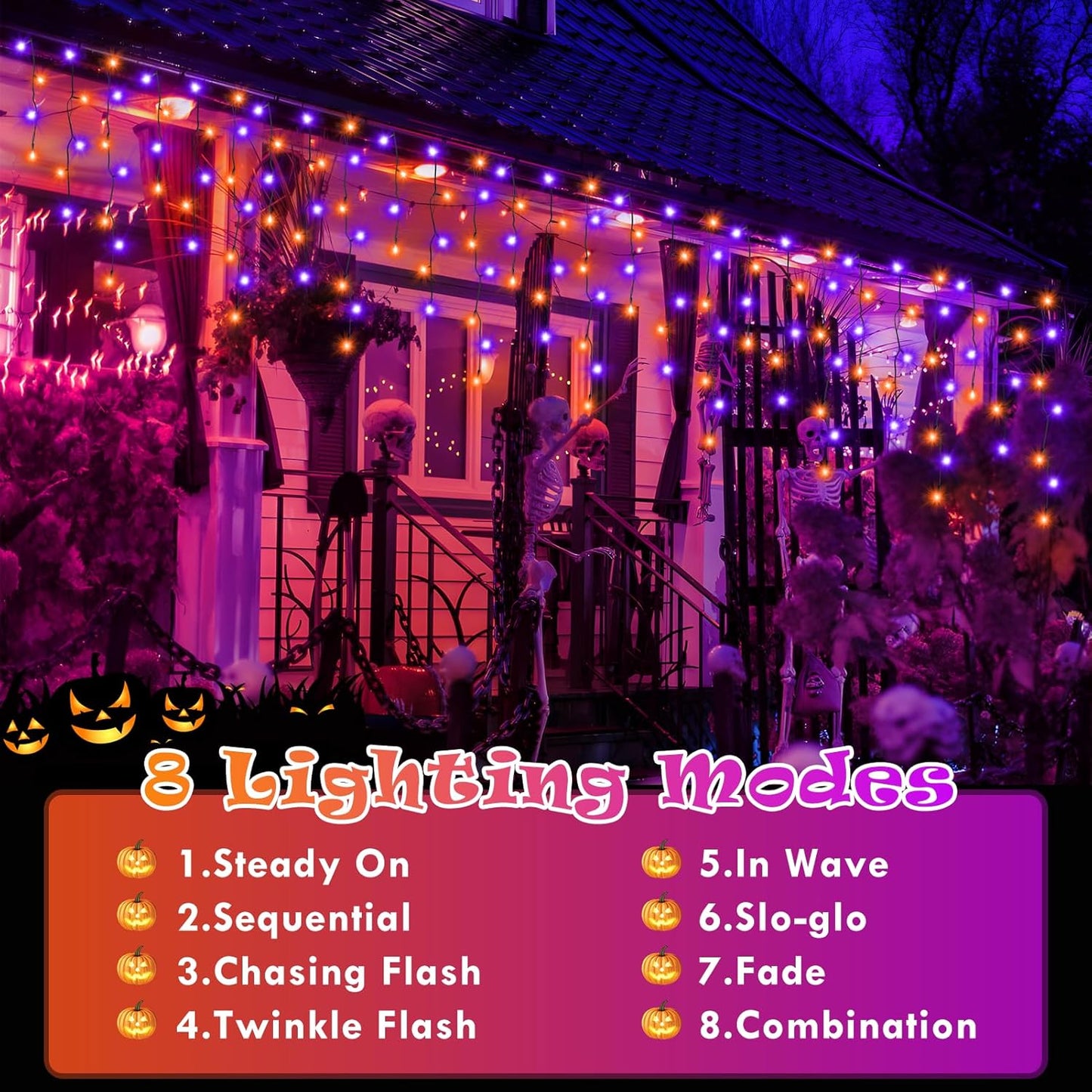 Heceltt Halloween Lights Outdoor, Orange and Purple 39FT 480LED Halloween String Lights with 90 Drops, 8 Modes Timer Memory Function, Night Light for House Roof Party Decor