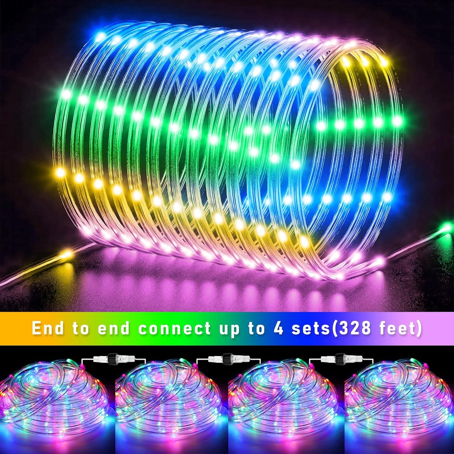 100FT 300 LED Rope Lights Outdoor, Connectable and Flexible Tube Lights with 8 Modes, Waterproof Indoor Rope Lighting for Bedroom, Garden, Patio, Landscape, Pool, Party Decor - Pastel Multicolor