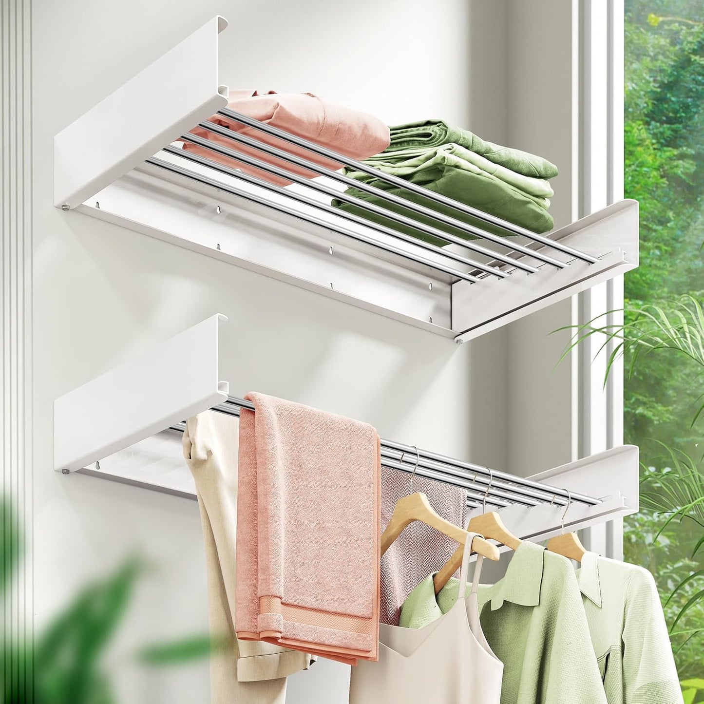 Wall Mounted Clothes Drying Rack 32 inches,Foldbale Laundry Drying Rack Wall Mount,Drying Rack Clothing Space Saver,Retractable,Collapsible,Folding Laundry Rack,White
