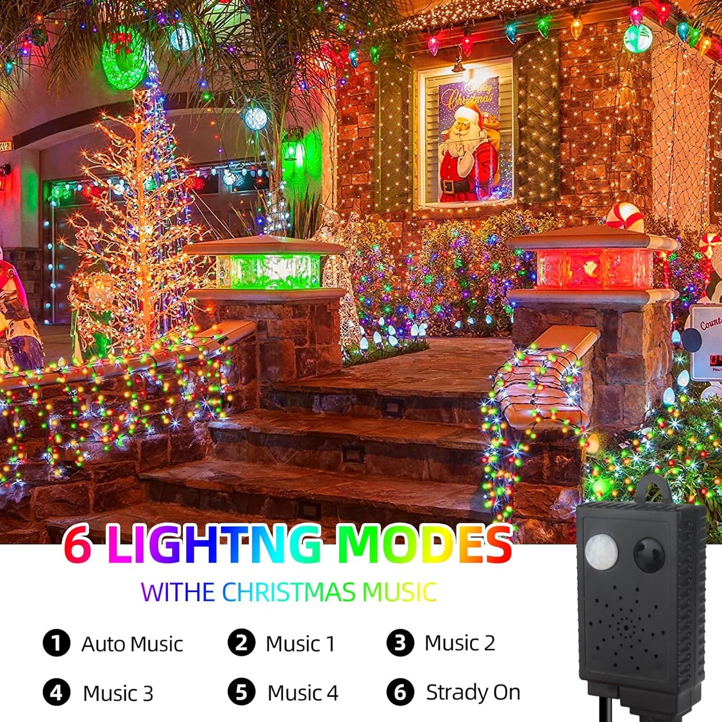Music Motion Sensor Christmas String Lights 105FT 300 LED，Multicolour Christmas Tree Lights，End to End Plug In 6 Modes Decorative Light, No Timer；Waterproof for Indoor Outdoor Tree Party Decor