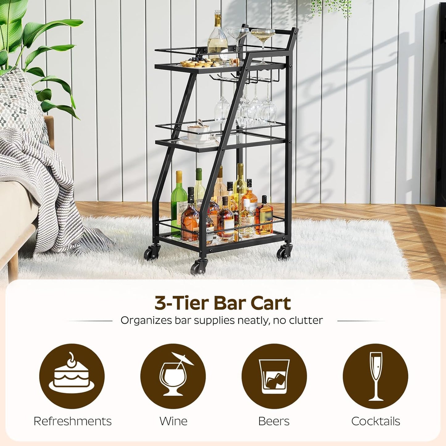 Bar Cart, 3-Tier Bar Cart for The Home, Home Bar Serving Cart with Glass Holders, Beverage Cart for Kitchen, Dining, Party Room, Black BC03BK