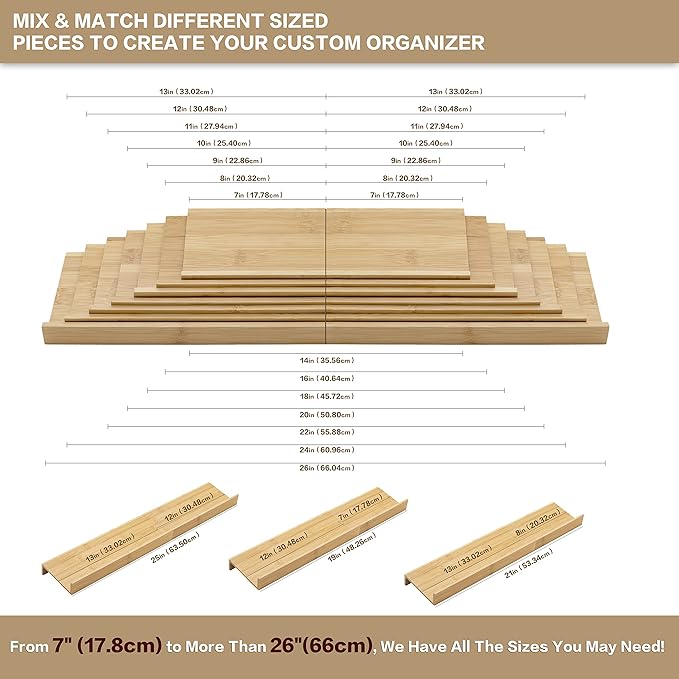 Bamboo Spice Rack Drawer Organizer - 8 Piece Set - 12" Wide, Combine Into 24" Rack (12" or 24")