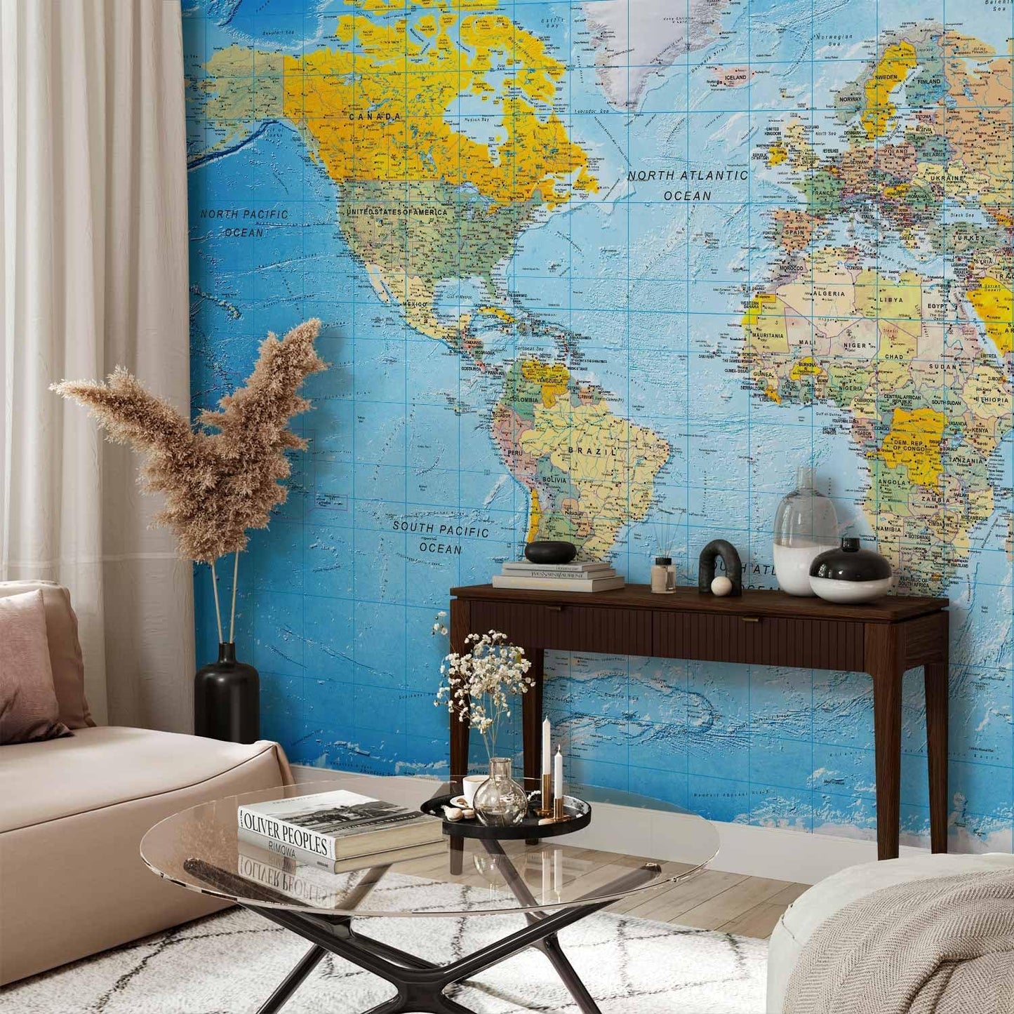 artgeist Premium Wall Mural World Map 138x101 in - XXL Non-Woven Wallpaper Fleece Wall Decor Photo Print Picture Image Design Home Map of The World k-A-0109-a-a