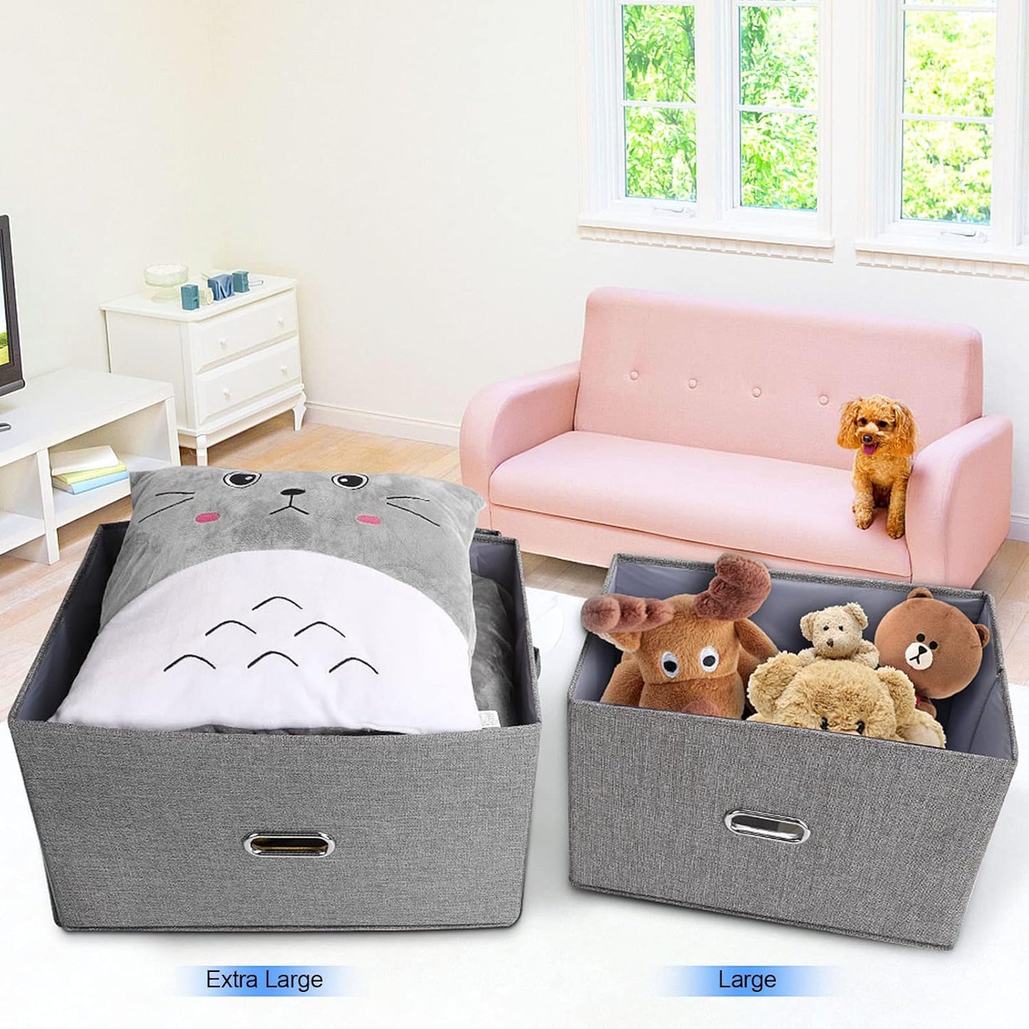 Large Linen Fabric Foldable Storage Bins with Removable Lid and Handles, Washable Storage Box Organizer Containers Baskets Cube with Cover for Bedroom,Office (Green, Extra Large(2-Pack))