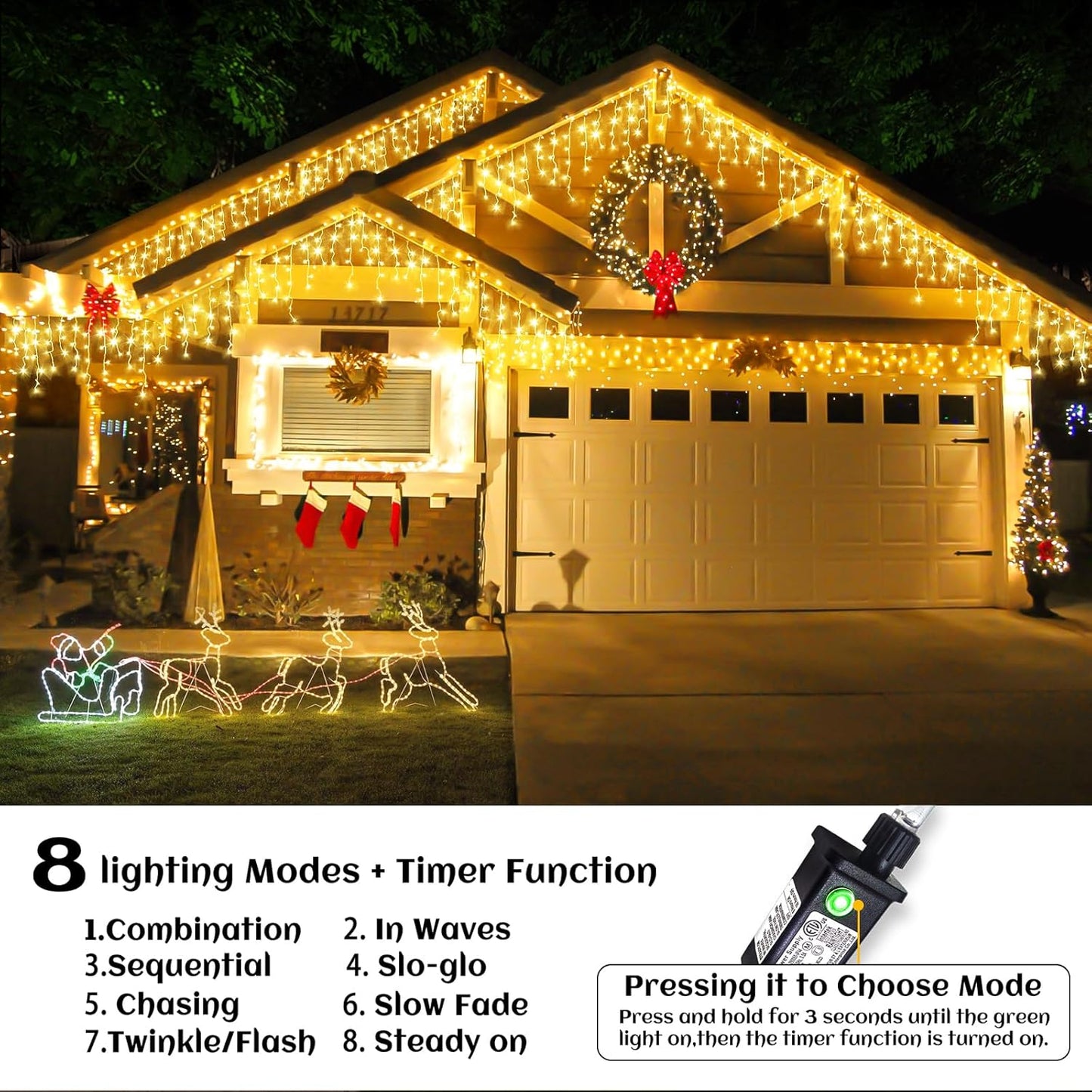 Icicle lights Outdoor - 33ft Christmas Lights with 400LED 75 Drops 8 Modes, Plug in Curtain String Lights Waterproof for Holiday Wedding Party Home Garden Bedroom Indoor Decoration, Warm White